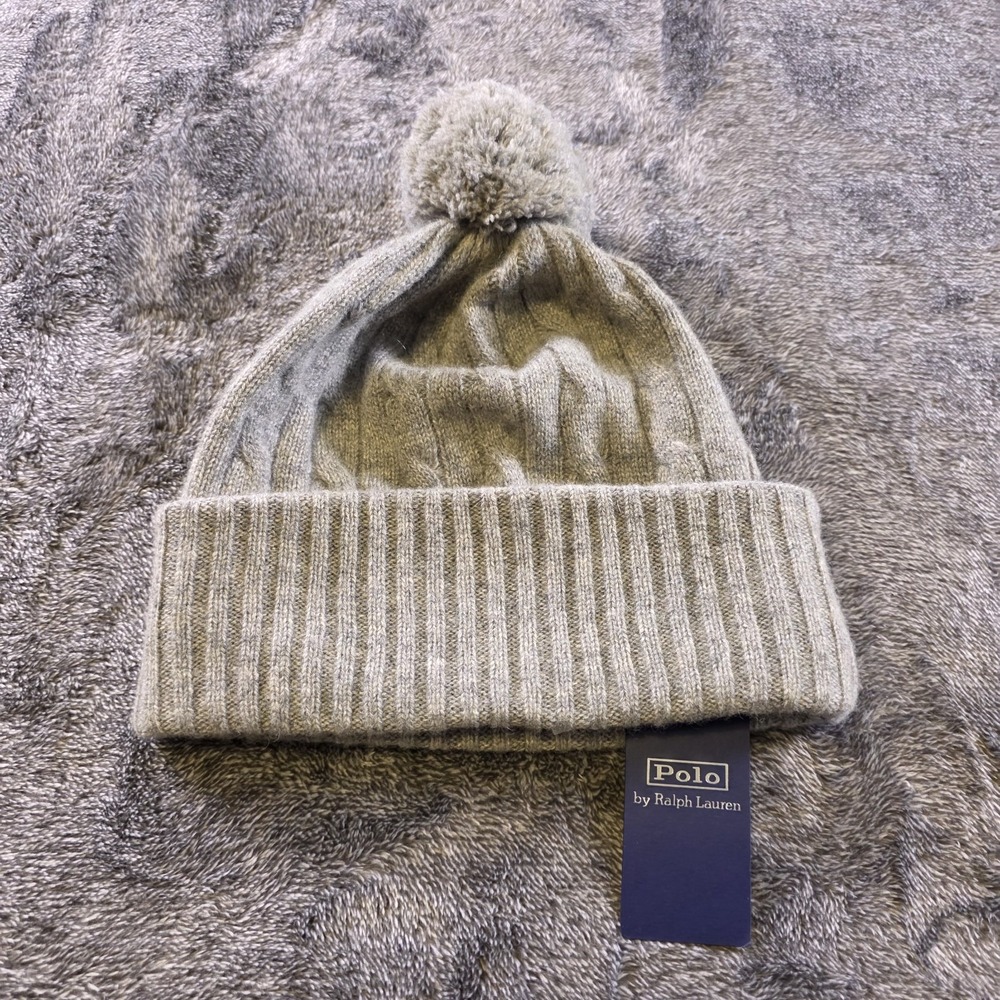 Polo Ralph Lauren 100% Cashmere‎ Cable Knit Puff Beanie Hat OS Gray Unisex